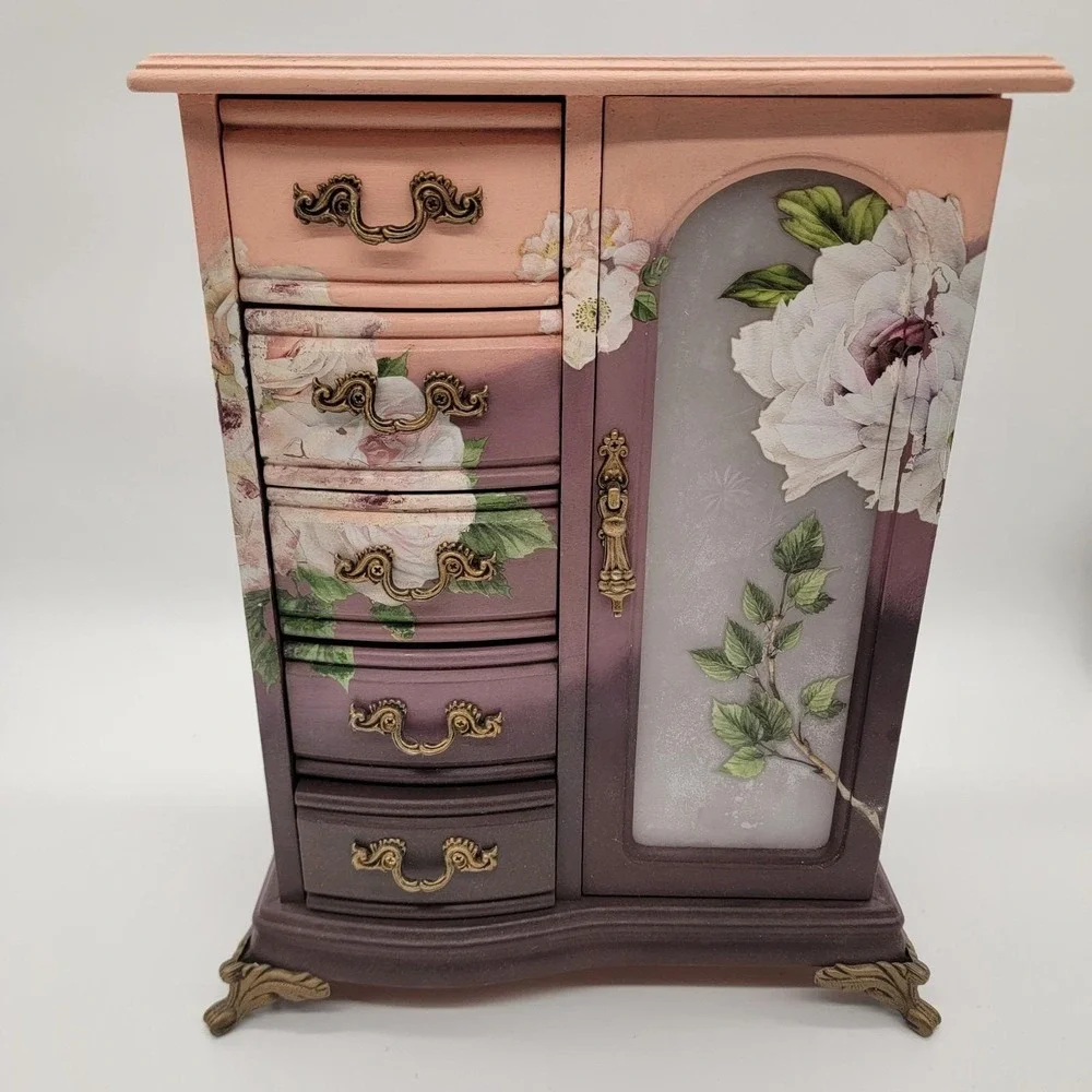 Custom Hand Painted Vintage Wooden Jewelry Box Large Drawers Necklace Carousel